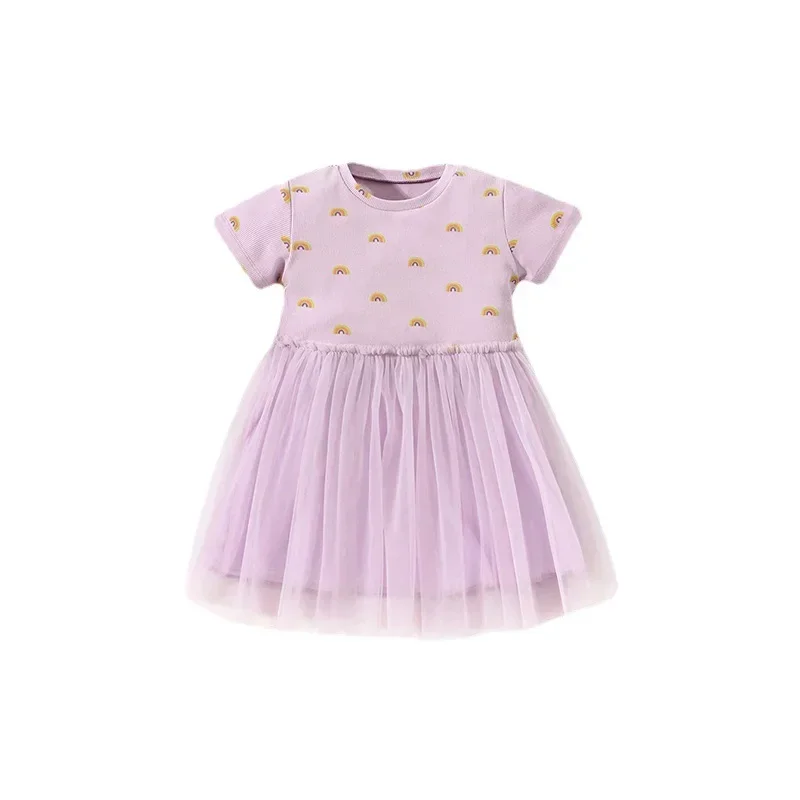 

90-140cm Baby Girl Summer Princess Dress Cute Breathable Purple Girls' Mesh Dress Short Sleeve Kids Dresses for Girls clothes