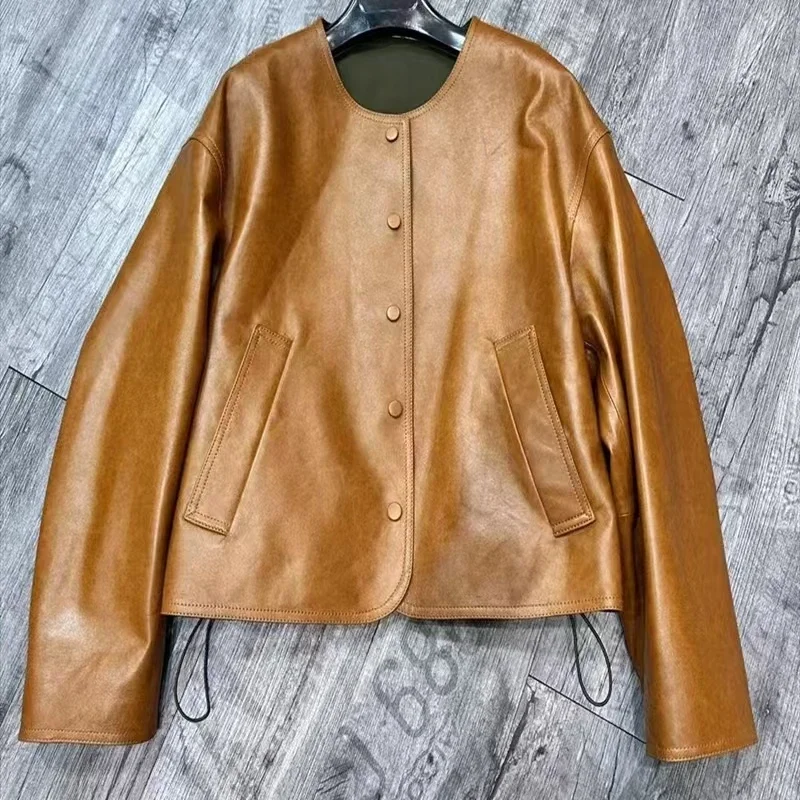 معطف نسائي ربيعي من الجلد الطبيعي سترة عصرية فاخرة قابلة للعكس بصدر واحد ملابس قصيرة الطول ذات جودة عالية