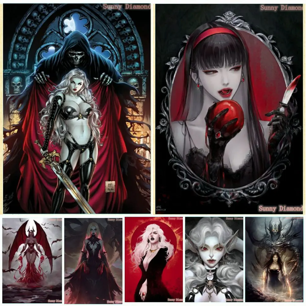 

Gothic Diamond Art Painting Vampire Girl Witch Embroidery 5D Dark Woman Cross Stitch Kits Mosaic Picture Crystal Home Decor Gift