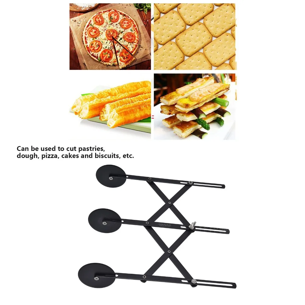 New 3 Wheel Pastry Cutter Black Stainless Steel Dough Divider Non-Stick Coating Expandable Pizza Slicer Pie Cake Baking