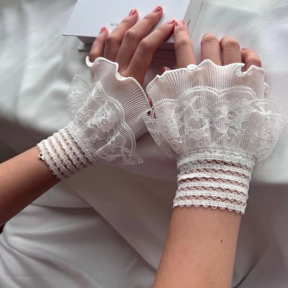 

Embroidery Details False Wrist Cuffs Ruffle Mesh Detachable Sleeves Double-layer Solid Color Lace Fake Cuffs Halloween