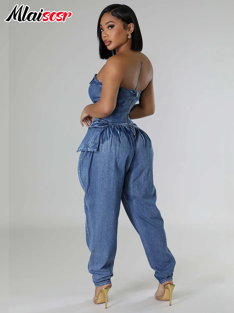 Mlaiscsr Blue Stretch Strapless Sleeveless Pockets Cargo Ruched Washed Denim Jumpsuits Women Oufit One Pieces Rompers Streetwear