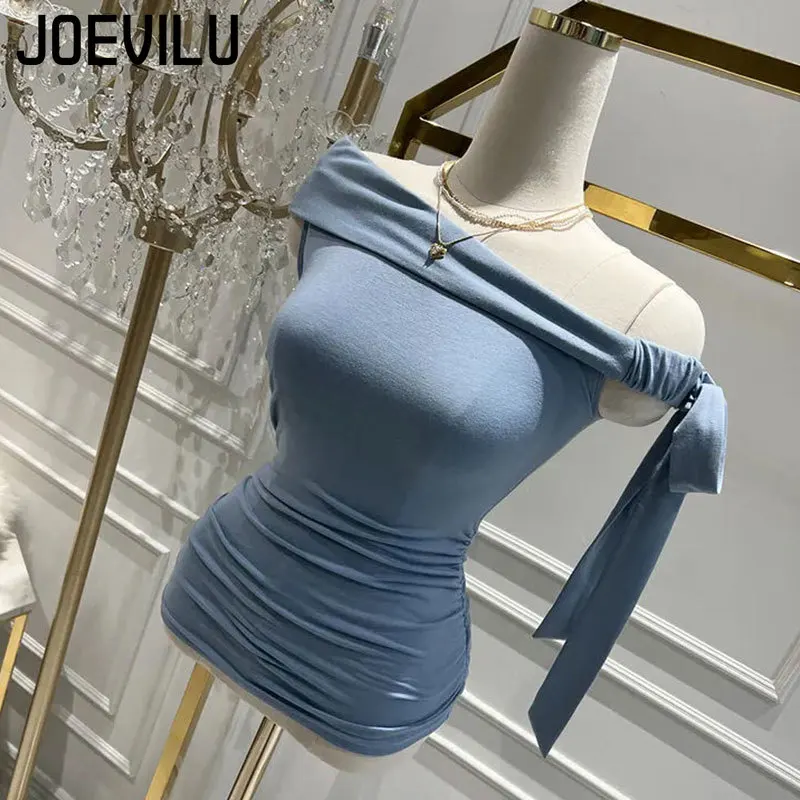 JOEVILU Skinny Tee Bow Tie Off Shoulder Sexy Sleeveless Crop Tops Women\'s Summer Korean Fashion T-shirt Y2k Streetwear Tshirt