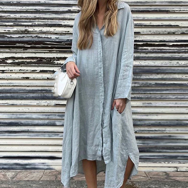 Jesień Casual Solid Single Breasted Long Dress Office Lady Loose Commuter Vestidos Fashion Lapel Long Sleeve Women Shirt Dress