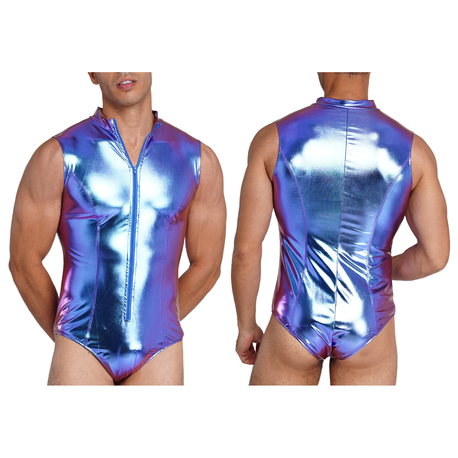 Men Sleeveless Zipper Metallic Shiny Bodysuit Swimwear Clubwear Bathing Suit for Beach Pool Nightclub Rave Party Bar Pole Dance