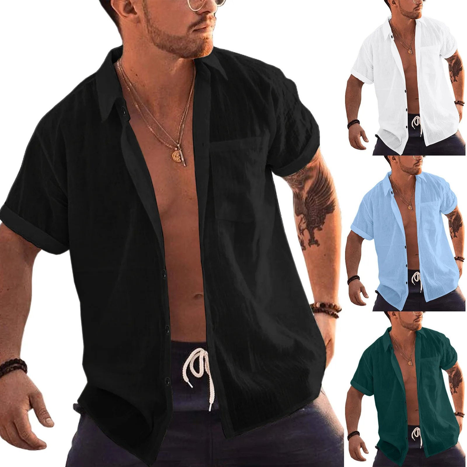 

Mens Short Sleeve Button Up Shirts Linen Cotton Beach Tops Turn Down Collar Summer T Shirt with Pocket