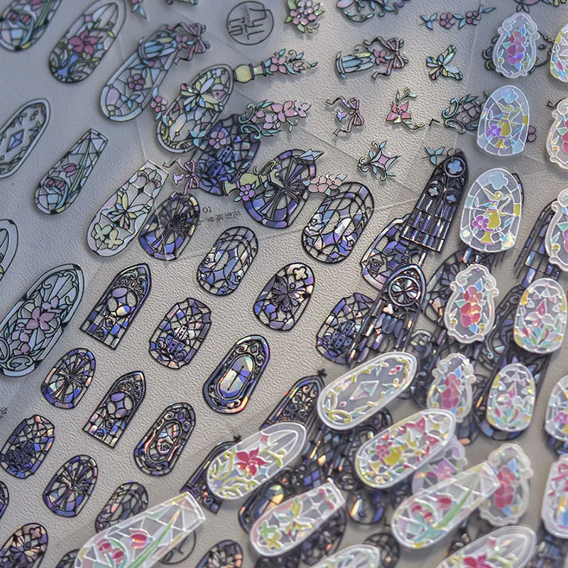 New 5D Glass Fragment Nail Sticker Nail Ribbon Sticker Nail Stickers Self-adhesive Stained Glass Window Grille Design ZJT19
