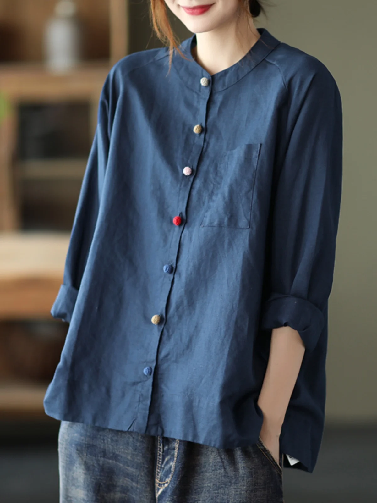 Loose Fit Long Sleeve Cotton Linen Shirt Women's Style Retro Button Design Slimming Effect Early Autumn New Arrival