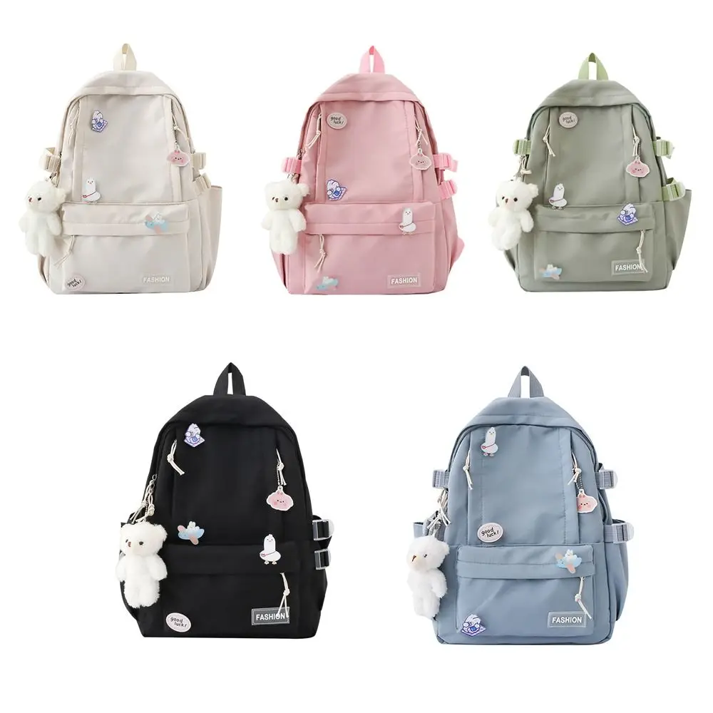 Bear Pendant Solid Color Backpack Large Capacity Korean Style Students School Bag Travel Bag Storage Bag Shoulder Bag School