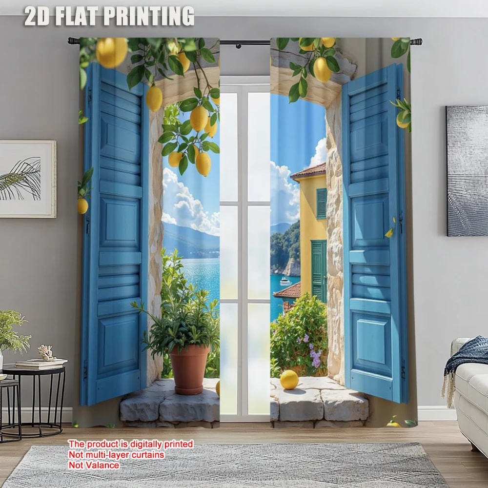 2pcs, spring summer Curtains Mediterranean View Lemon Open Sheer Curtains Versatile Polyester Fabric Decorations For Home Use
