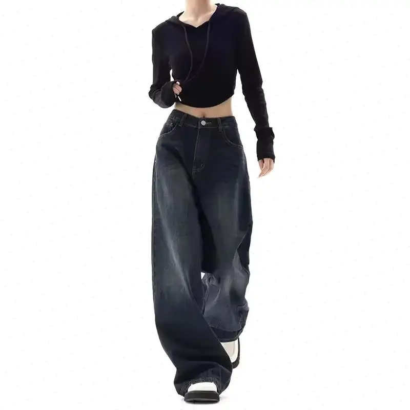 Jeans Women Straight Pants Denim High Waist Loose Vintage Pockets Basics Floor Length Trousers Solid Color 2026 Casual Denims