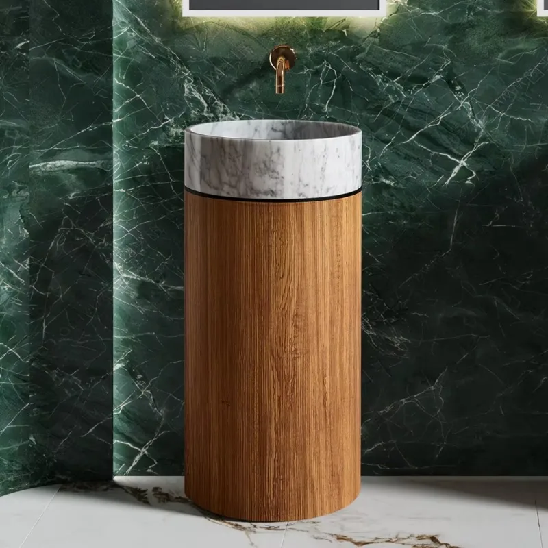 Floor-to-ceiling Independent Column Water Basin with Wood Grain Stainless Steel Base and White Marble Wash Basin Combination