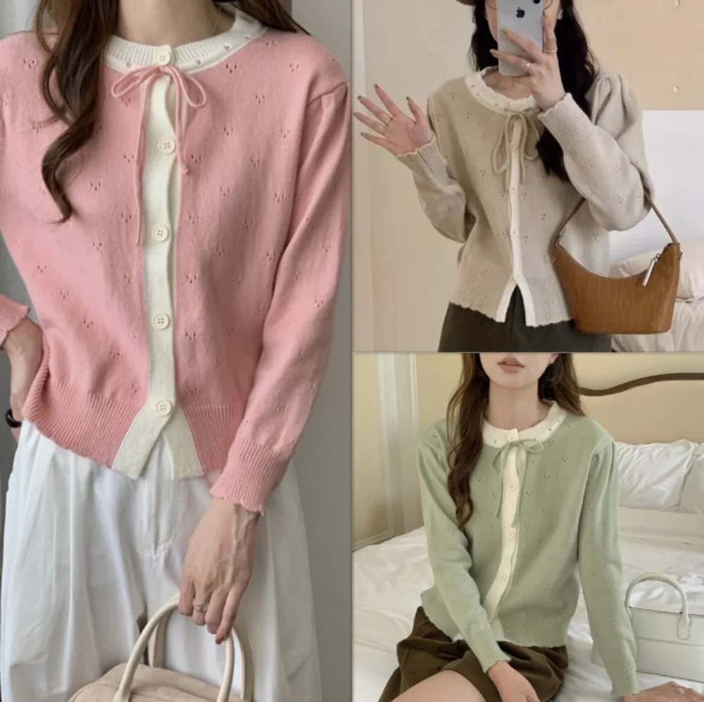 

Sweet Knitted Cardigan for Women Slim Casual Bow Patchwork Buttons Knit Sweater Top Coat