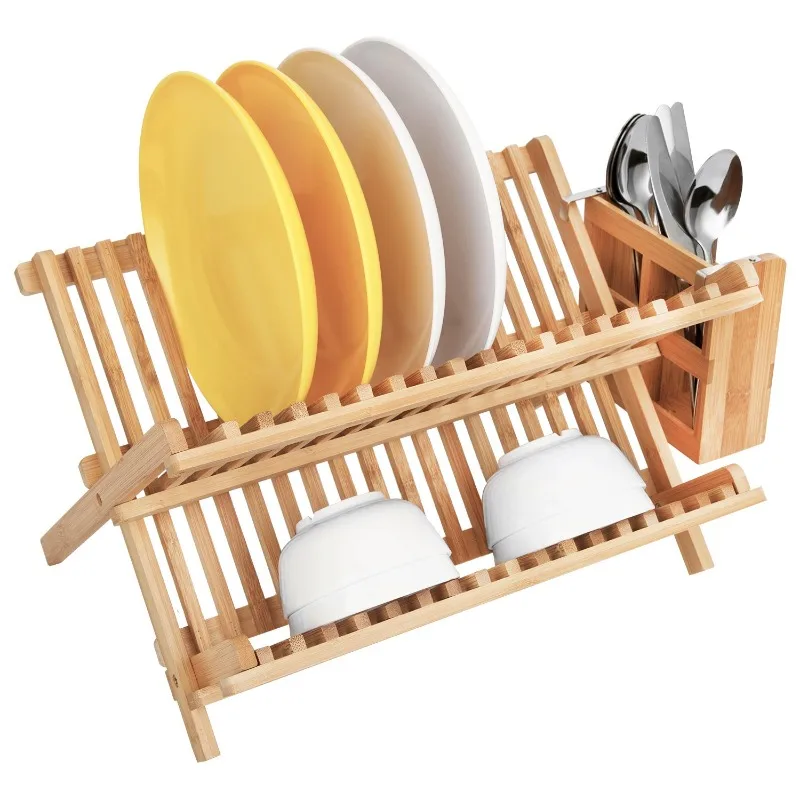 Foldable bamboo folding expandable sink tableware storage rack 2 layers washing drying drain