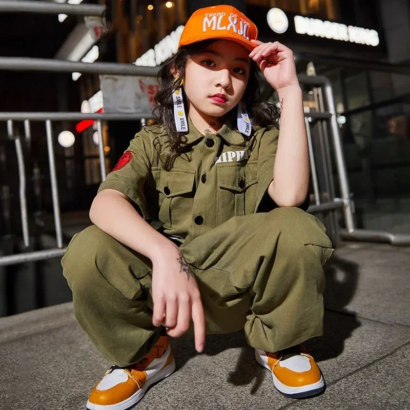 Terno hip-hop para crianças, macacão de manga curta, meninos e meninas, trajes de dança jazz, verão, nova maré, dança de rua, peça única dql3663