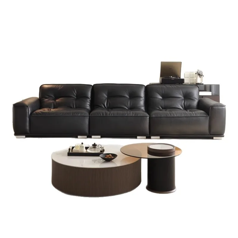 

Italian minimalist leather sofa big black cow sofa living room 2.0 thick semi-green leather black gold steel sofa
