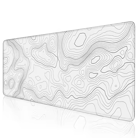 White Topographic Large Gaming Mouse Pad,Extended Mousepad Big Desk Pad, Base and Stitched Edge for Home Gaming Office Work