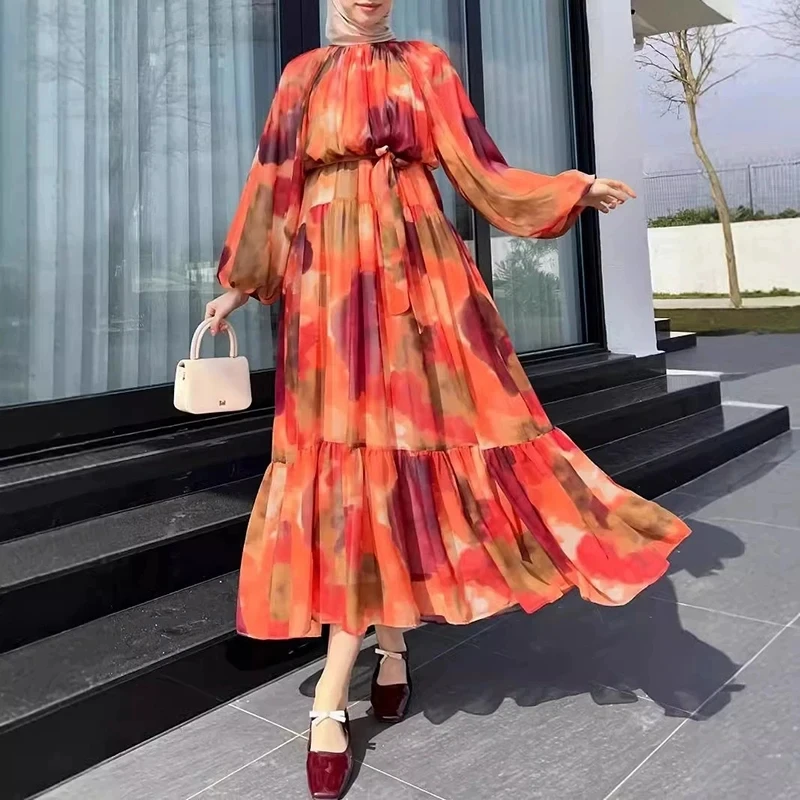 

Elegant High Waist Pleated Commute Dress for Women Vintage Casual Print Chiffon Robes Lady Lantern Long Sleeve Loose Party Dress