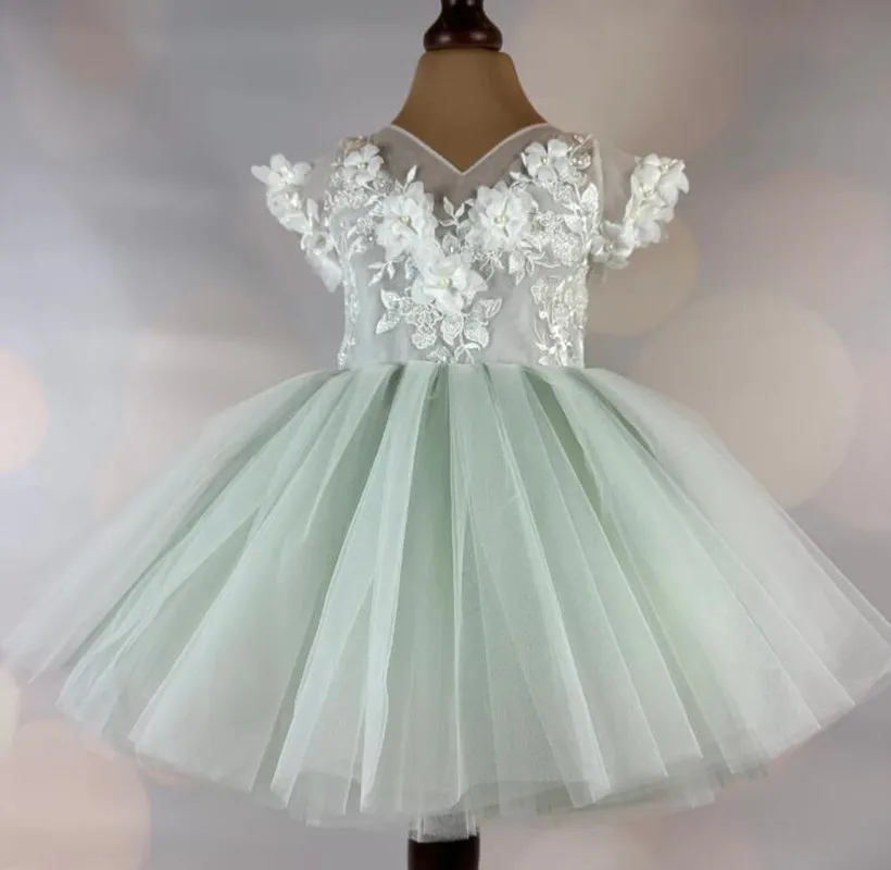 3M-10T Baby Girl Green Tulle Bow Flower Girl Dress Dance Performance Dress Suitable for Summer Wear Toddler Birthday Gown