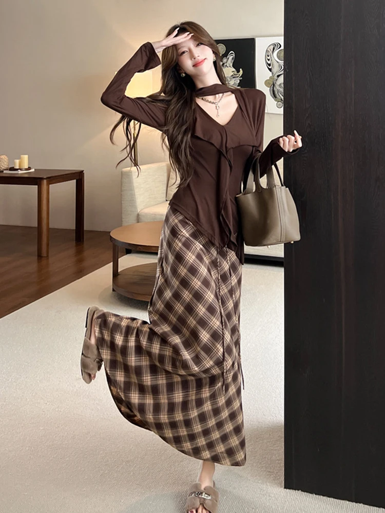 우아한 캐주얼 투피스 여성복 달콤한 니트 탑 티셔츠 롱 스커트 세트 여성 데일리룩 스트릿 데이트 의류 봄