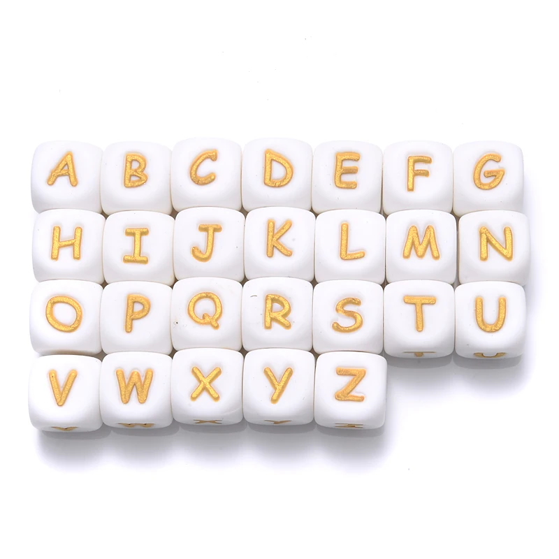 12mm 26Pcs Silicone Letter Beads White+ Gold Alphabet Silicone Chewing Bead for Pacifier Clip Chain Not Choose Letter