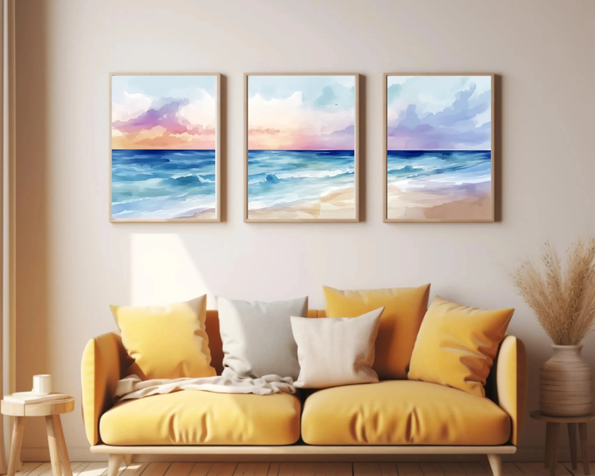 Pastel Sunset Watercolor Print,Set of 3,Coastal Beach Wall Art,Ocean Seascape Decor,Pink Sunset Poster, Mediterranean Wall Art