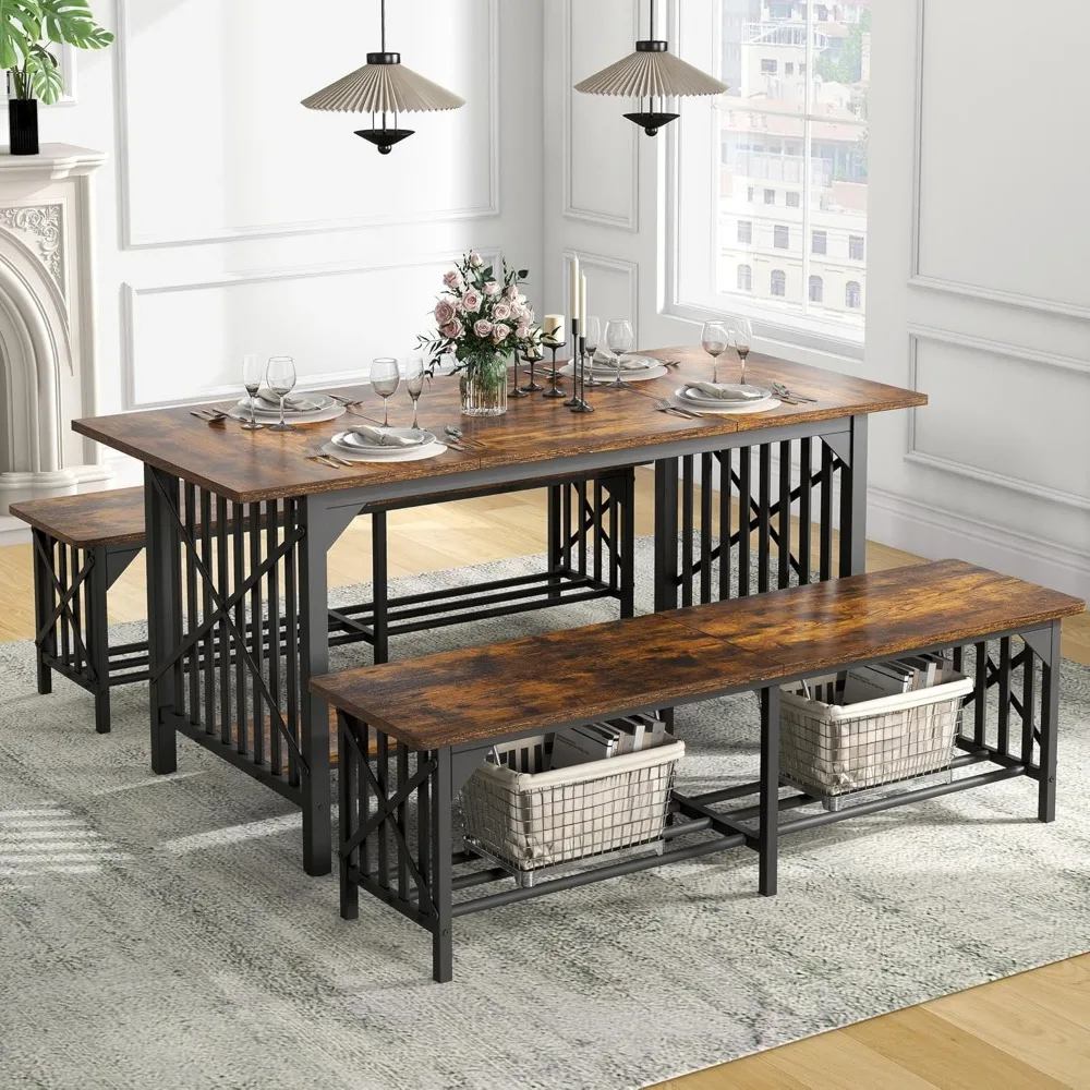 

3-Piece Dining Table Set for 4-6 People, 63" Dining Room Table with 2 Benches, Industrial Rectangular Dining Room Table Set wit