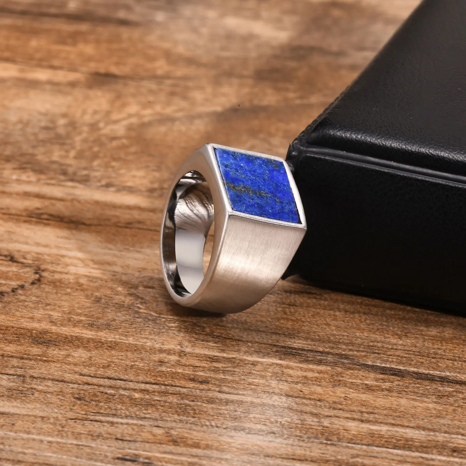 Blue Nature Stone Ring for Men Boys,Silver Color Stainless Steel Square Ring,Thumb Ring Male Jewelry Gifts