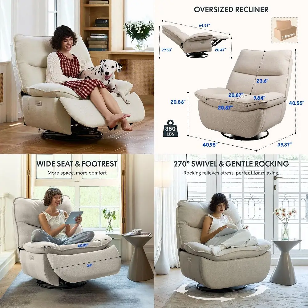 XR7 Power Swivel Recliner Chair for Adults, 41 Extra Wide Swivel Rocker Recliner, Power Rocking Glider with Side Pocket, 350 Lb