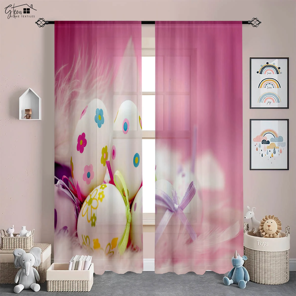 

Colorful Egg Rabbit Cartoon Print Curtain Bedroom Living Room Kitchen Easter Decoration Curtain Children Gift 2 Pieces