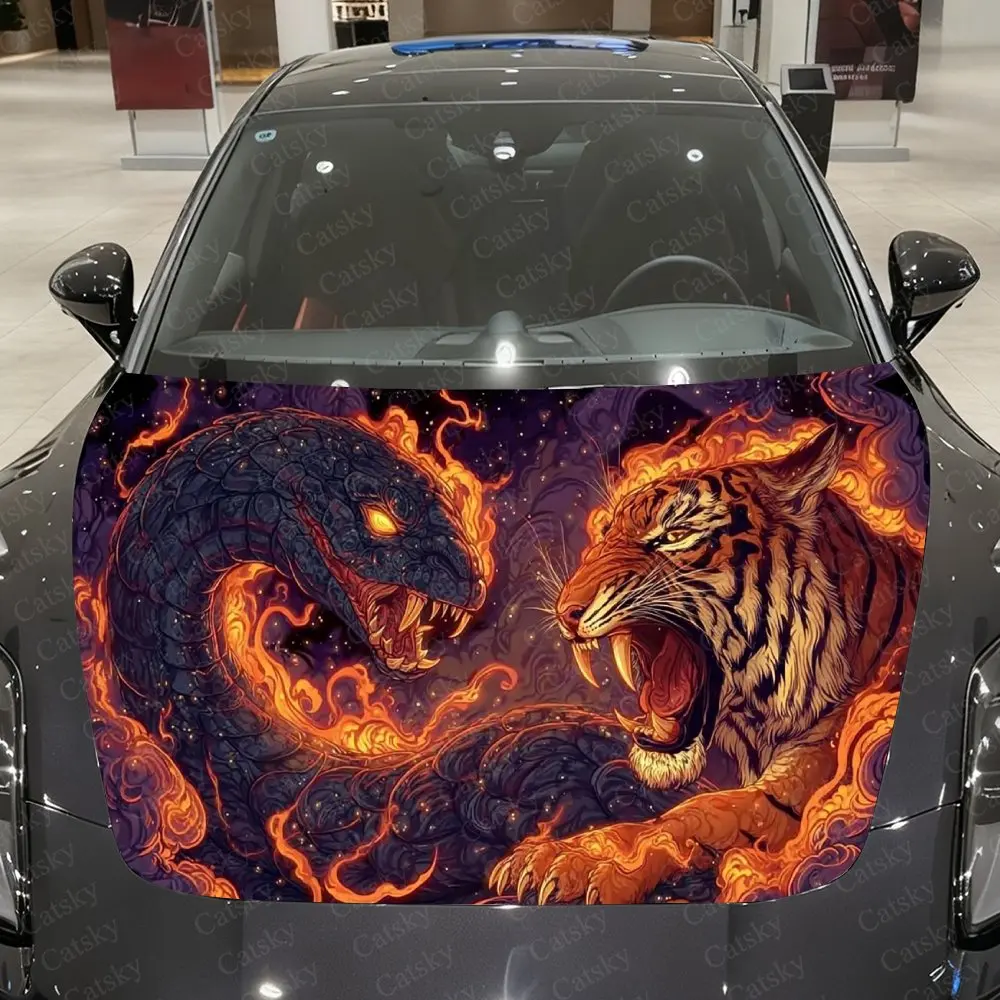 Blazing Flame Tiger-Snake Standoff Car Vinyl Wrap, PVC Waterproof Car Hood Sticker, Self-Adhesive Scratch-Resistant Stickers