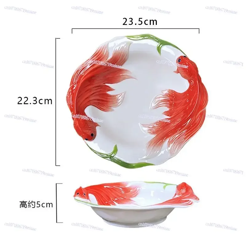 Chinese Koi Ceramic Deep Plate,Home 3D Relief Vegetable Plate Deep Soup Plate,Joyful Goldfish Bowl,Symbolizing Fortune Happiness