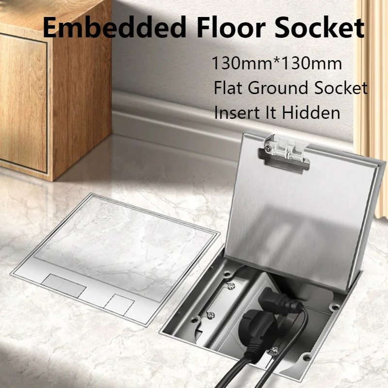 

130mm X 130mm Silver Marble EU Household Embedded Stainless Steel Ground Plug Power Socket Hidden Flat Floor Sockets EU/IT/UK/FR