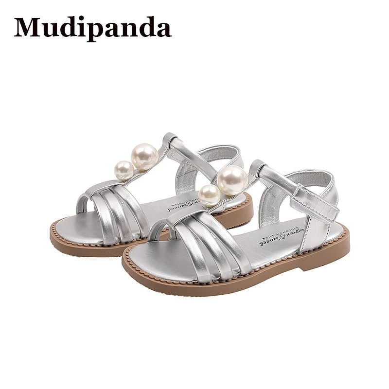 

Girls' Silver Sandals Kid's Silver Beading Shoe Baby Summer New Children's Fashion Pearl Soft Soled Princess Shoes Beach Shoes