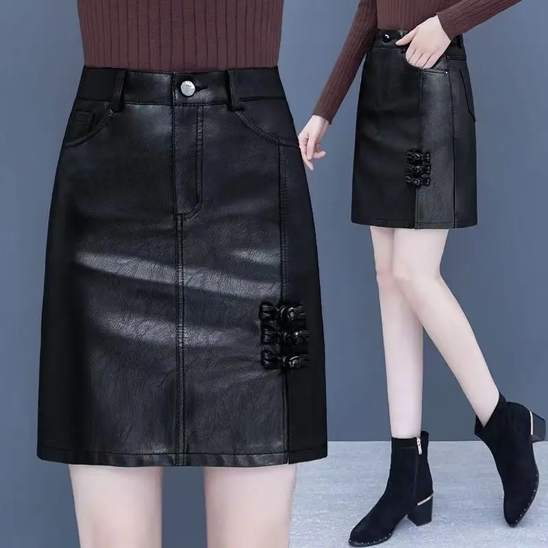 

Korean Fashion Autumn Winter Women Pu Leather Solid Patchwork Ruffles Zipper Chic High Waist Short Slim A-line Hip Wrap Skirt