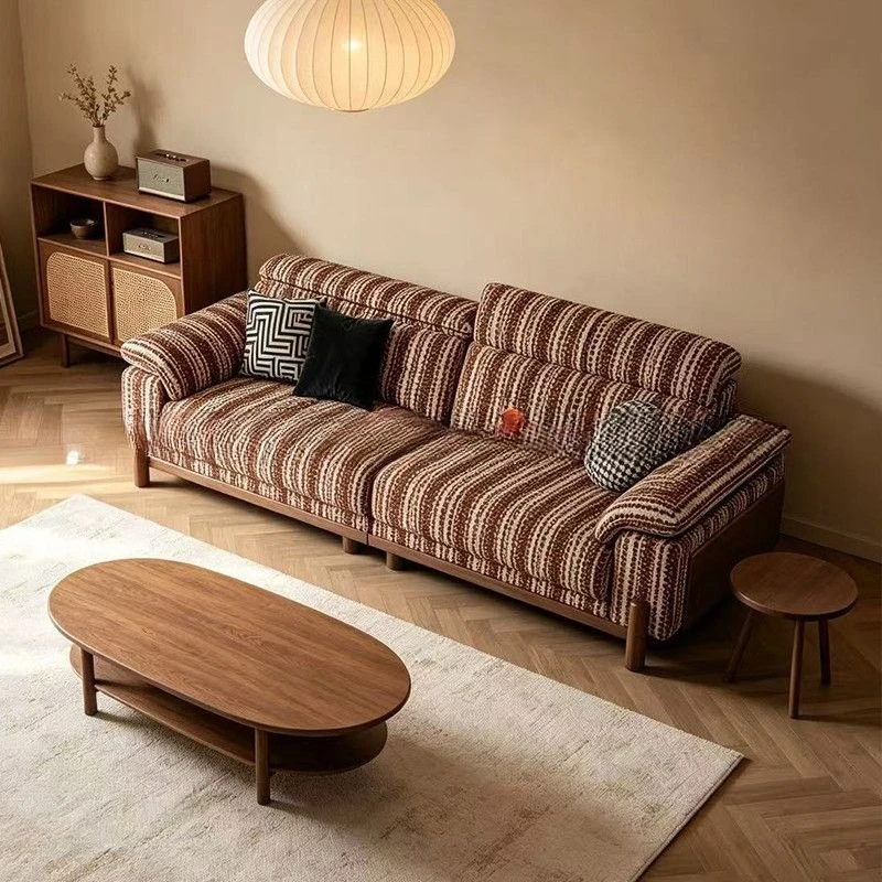 Two-color striped sofa Solid wood fabric sofa Small apartment living room sofa Straight row