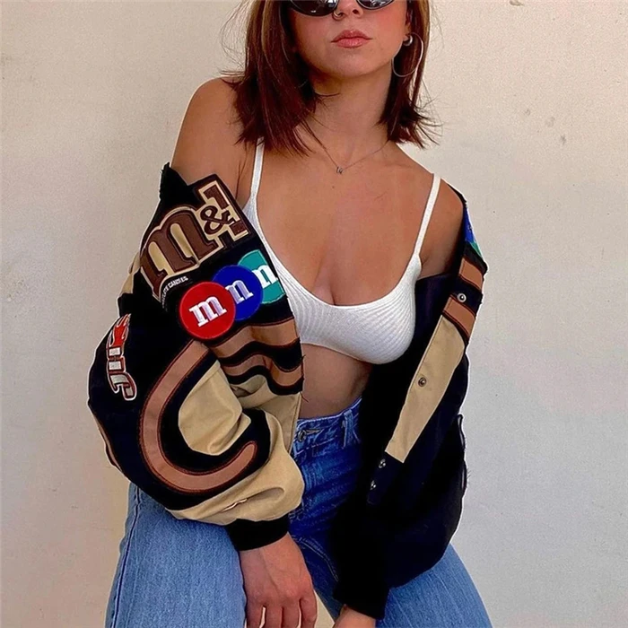 Casual Oversize Baseball Jaet Women's Printed Street Sle Long Sve Loose Fit Outerwear Single Piece Cartoon Anime Theme