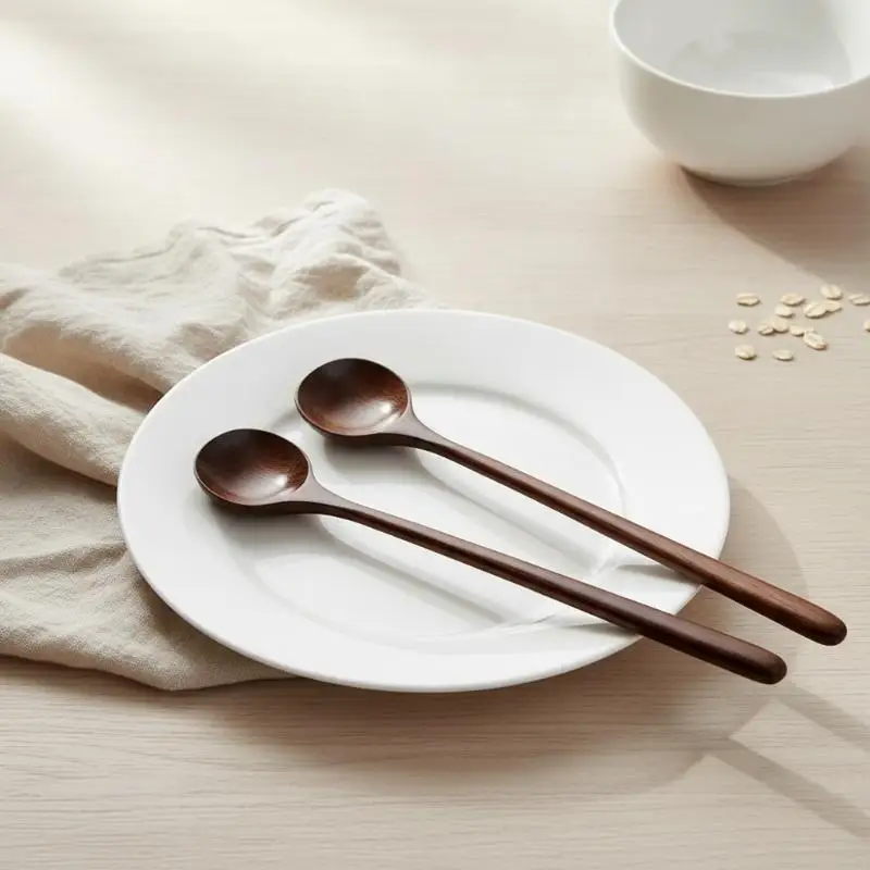 Long Handle Spoon Natural Wooden Soup Round Scoops Dessert Porridge Tea Coffee Wood Cooking Spoons Tableware Kitchen Supplies