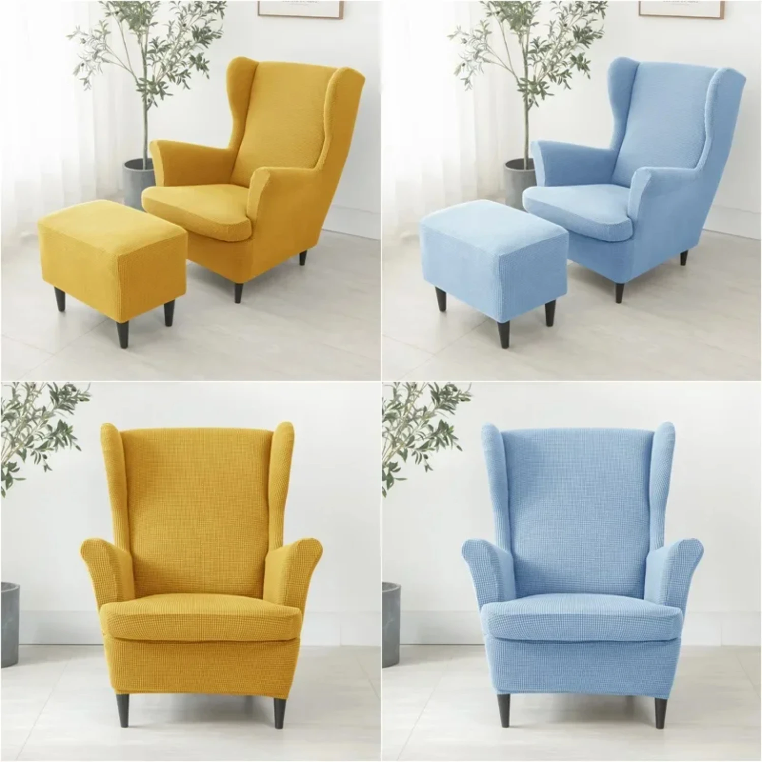 Elegant Solid Color Stretch Spandex Wing Chair Cover with Seat Cushion Cover, Elastic Sofa Slipcovers and Footstool Covers - Arm