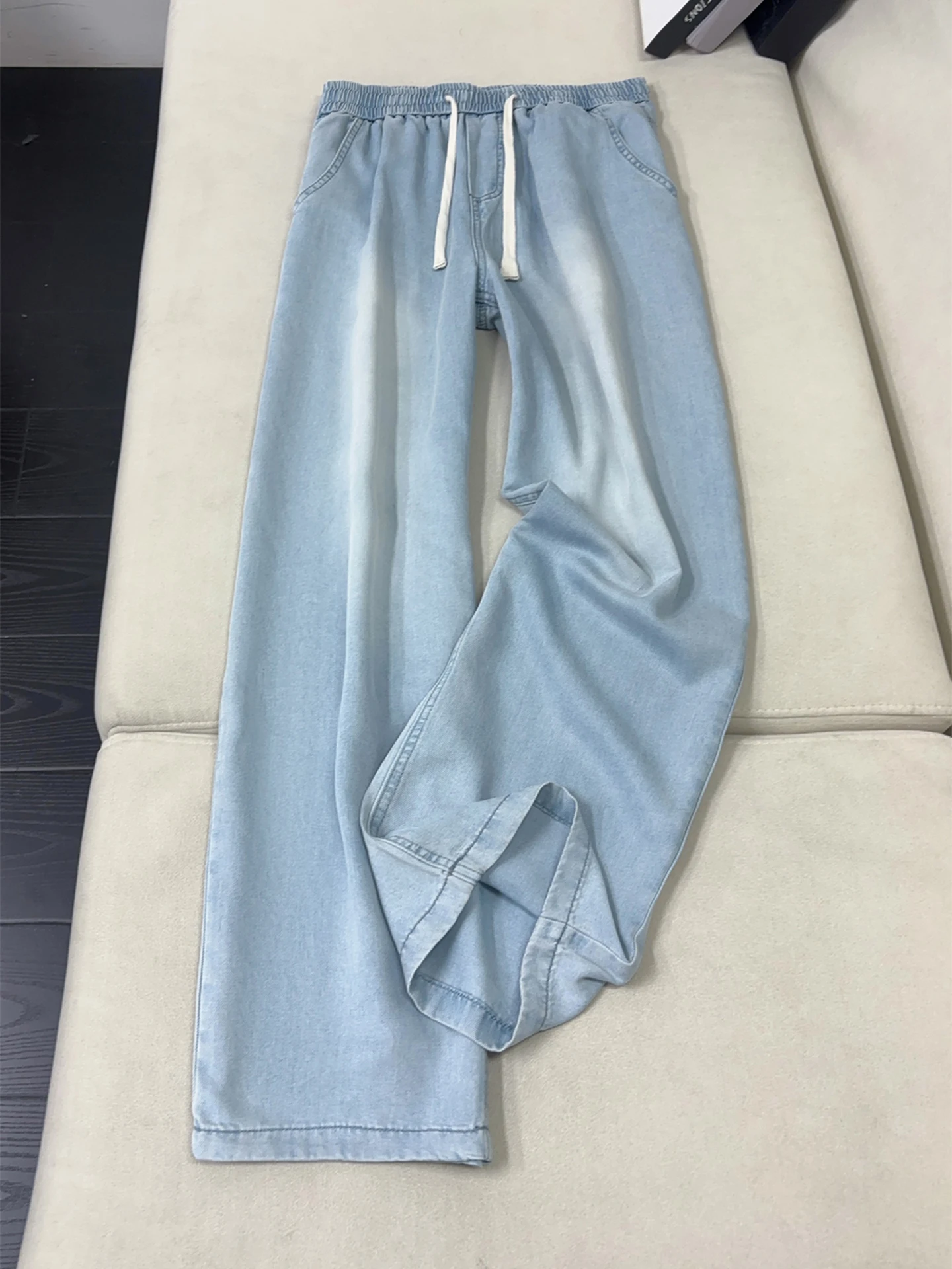 

Light Blue Ice Silk Men's Jeans Summer Thin Dstring Elastic Waist Straight Leg Drapey Denim Pants Casual Loose Fit Jeans