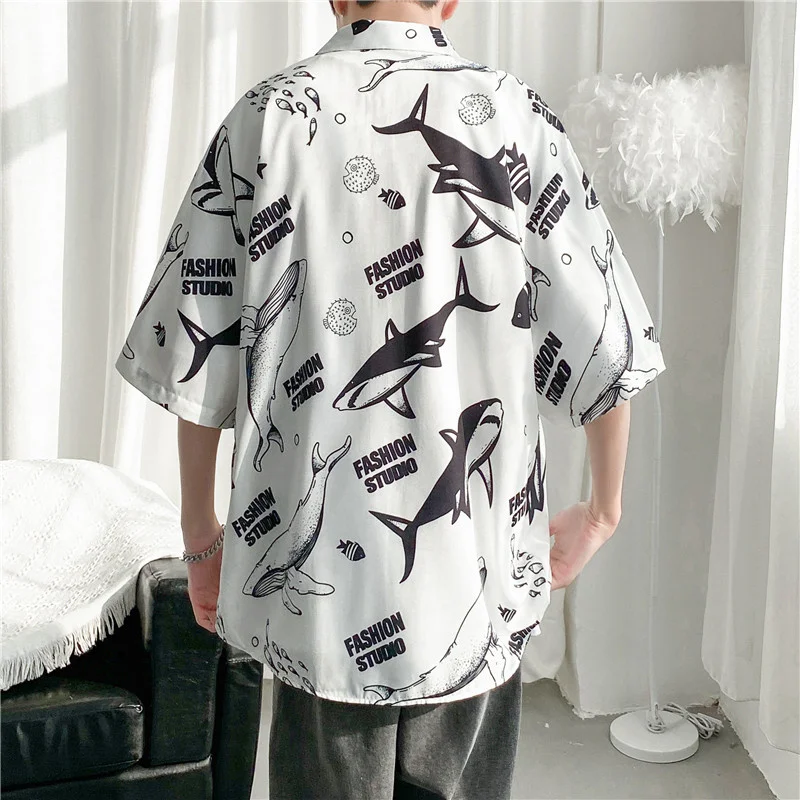 Men Street Fashion Summer Daily Shirt Hawaiian Whales Shark Cartoon Print Casual Loose Shirts Short Sleeve Beach Loose Tops