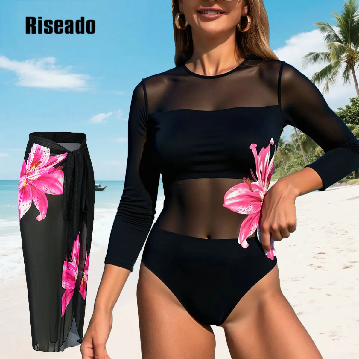 Mesh Swimwear Women's Sheer Sexy High Waist Swimsuit One Piece Suit with Skirt Swimdress Sea Swimming Smart Woman