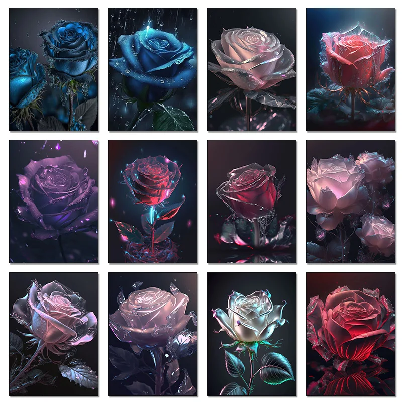 Colorful Crystal Rose Fluorescence Flowers Posters Plant Canvas Painting and Prints Wall Art HD Picture for Room Wall Home Decor