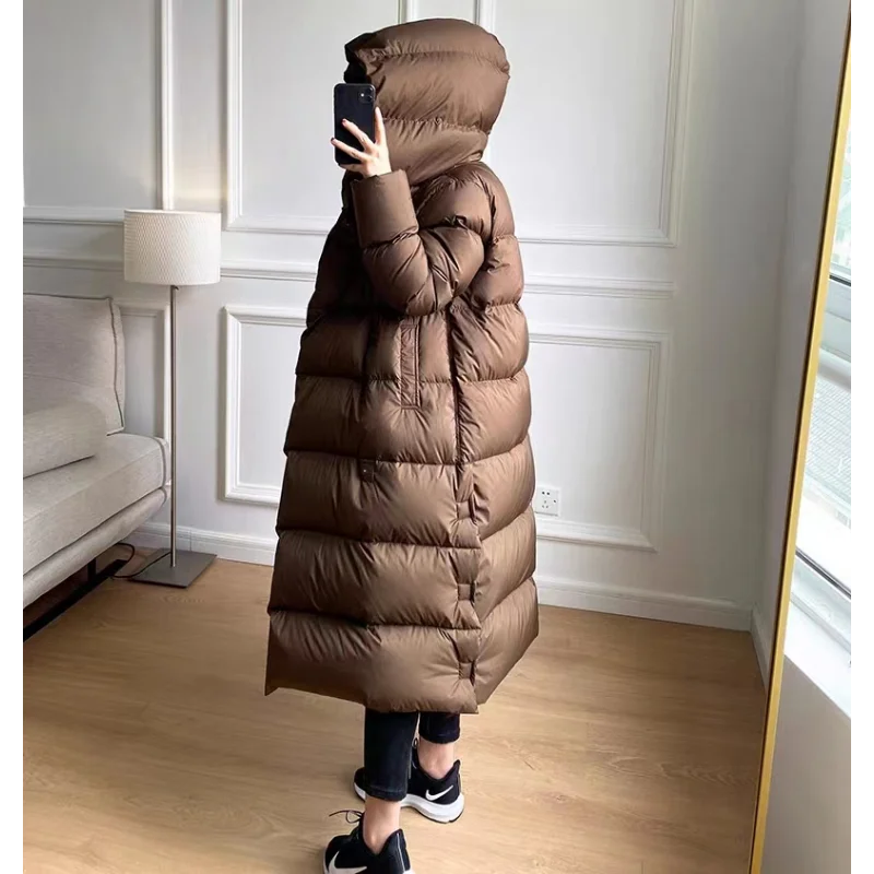 Jaqueta longa de pato para mulheres, casacos de outono e inverno, parkas de alta qualidade, boné de feiticeiro popular, 90 pato branco, moda, 2024