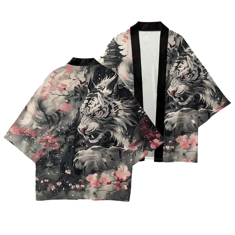 Japanese Anim Dragon Sakura Print Kimono Traditional Japan Samurai Cardigan Yukata Harajuku Haori Unisex Beach Robe Streetwear