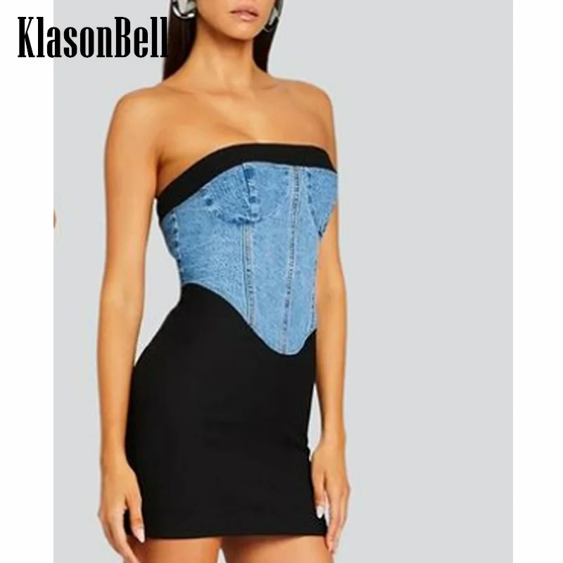 

6.24 KlasonBell Women Fashion Sexy Denim Spliced Strapless Dress Sexy Hot Girl Contrast Color Collect Waist Package Hip Dress