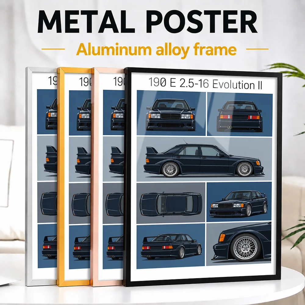 German 190 E 2.5-16 Evolution II Blue Black Metallic Sports Car Framed Metal Print Customized Track Wall Art For Home Office