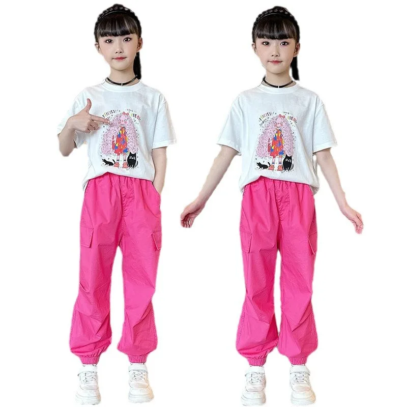 Fashion Teen Girls Joggers Pants Loose Casual Children Straight Trousers Pockets Design Trendy Cool Streetwear Kids Pants 5-14Ys
