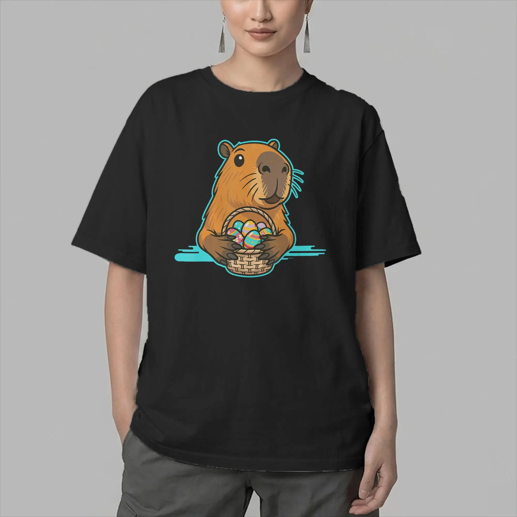 Cute Capybara Easter Egg Basket Funny Easter T Shirt Men's  Cotton Novelty T-Shirts Crew Neck  Tees Short Sleeve Clothing Adult