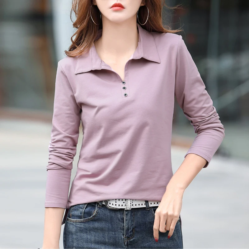 HI-FASHION Cotton T Shirt Office Woman Spring Casual Long Sleeve Lapel T-shirt Autumn Loose Korean Style Plus Size Female Shirts